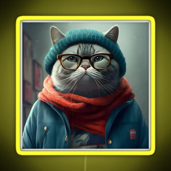Chubby Cat In Winter Wear RGB Neon Sign