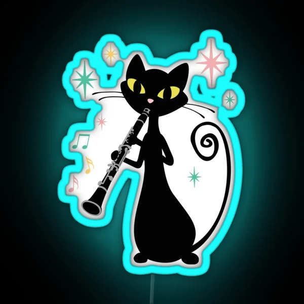 Clarinet Playing Retro Black Cat Mid Century Modern RGB Neon Sign