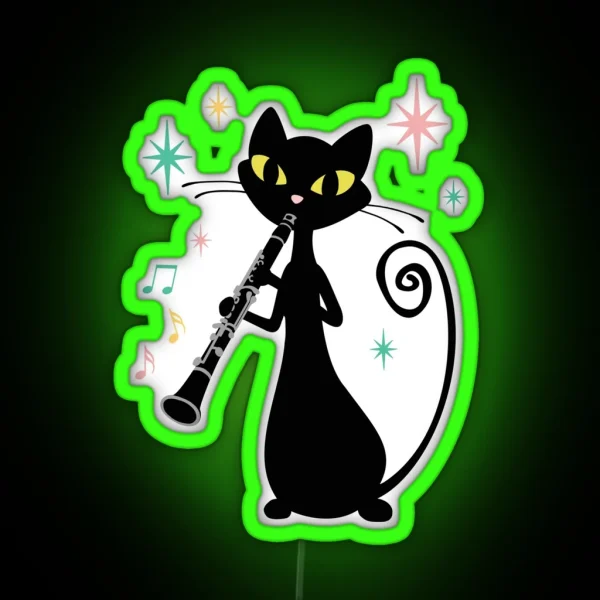 Clarinet Playing Retro Black Cat Mid Century Modern RGB Neon Sign