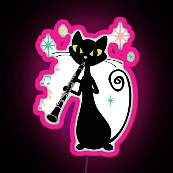 Clarinet Playing Retro Black Cat Mid Century Modern RGB Neon Sign