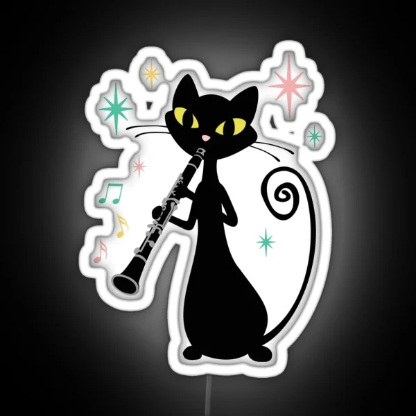 Clarinet Playing Retro Black Cat Mid Century Modern RGB Neon Sign