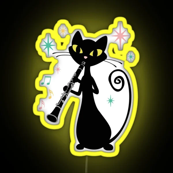 Clarinet Playing Retro Black Cat Mid Century Modern RGB Neon Sign