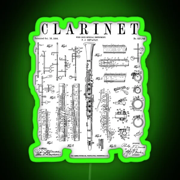 Clarinet Vintage Patent Clarinetist Drawing Print RGB Neon Sign