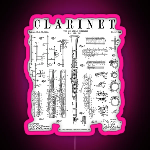 Clarinet Vintage Patent Clarinetist Drawing Print RGB Neon Sign