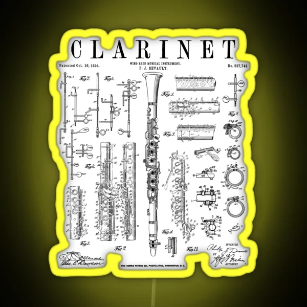 Clarinet Vintage Patent Clarinetist Drawing Print RGB Neon Sign