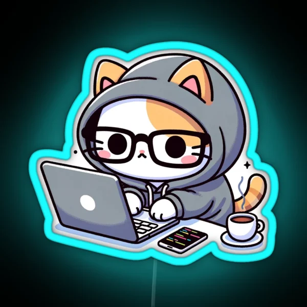 Coder Cat Coffee Fueled Sessions RGB Neon Sign