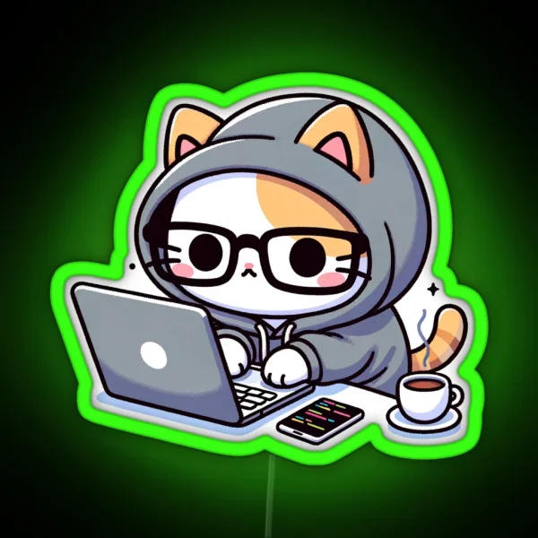 Coder Cat Coffee Fueled Sessions RGB Neon Sign