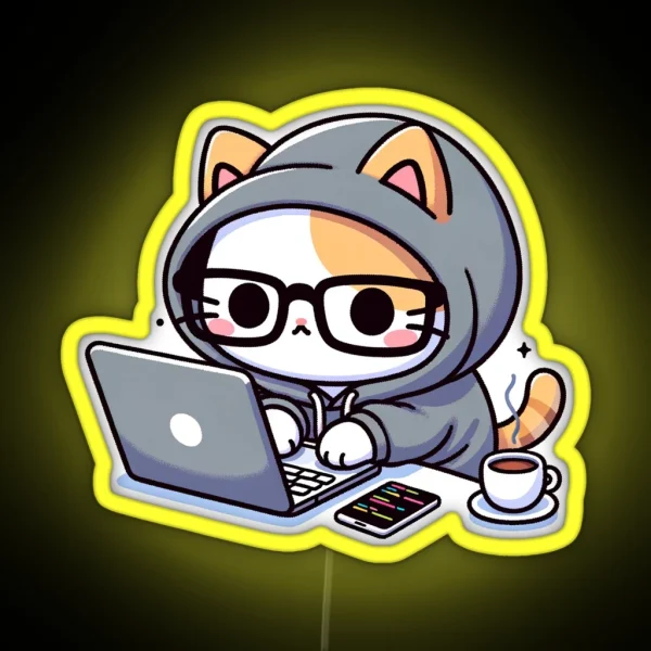 Coder Cat Coffee Fueled Sessions RGB Neon Sign