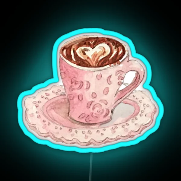Coffee Art Heart In Fancy Pink Mug With Roses RGB Neon Sign