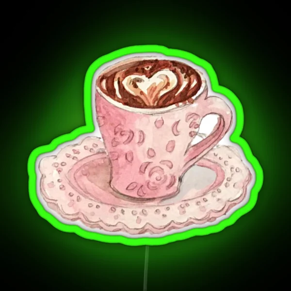 Coffee Art Heart In Fancy Pink Mug With Roses RGB Neon Sign