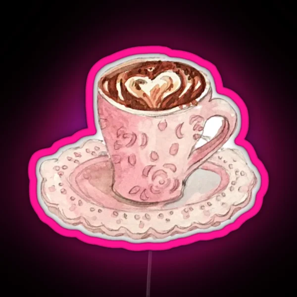Coffee Art Heart In Fancy Pink Mug With Roses RGB Neon Sign