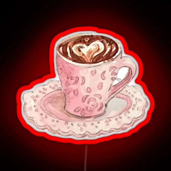 Coffee Art Heart In Fancy Pink Mug With Roses RGB Neon Sign