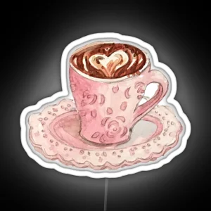 Coffee Art Heart In Fancy Pink Mug With Roses Watercolor Coffee Led RGB Neon Sign