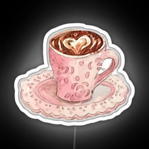 Coffee Art Heart In Fancy Pink Mug With Roses RGB Neon Sign