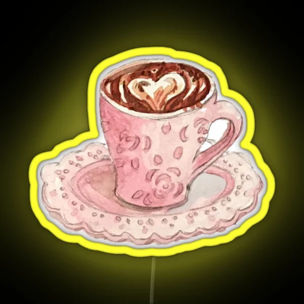 Coffee Art Heart In Fancy Pink Mug With Roses RGB Neon Sign