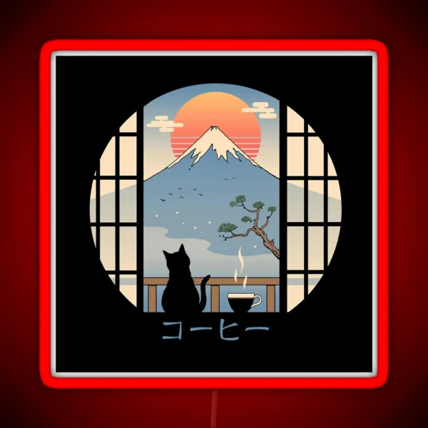 Coffee Cat In Mt Fuji RGB Neon Sign