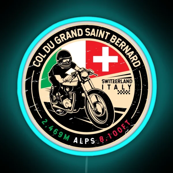 Col Du Grand Saint Bernard Italy Switzerland Motorcycle RGB Neon Sign