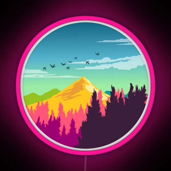 Colorful Nature Landscape Mountain And Forest Scene With Happy Birds RGB Neon Sign