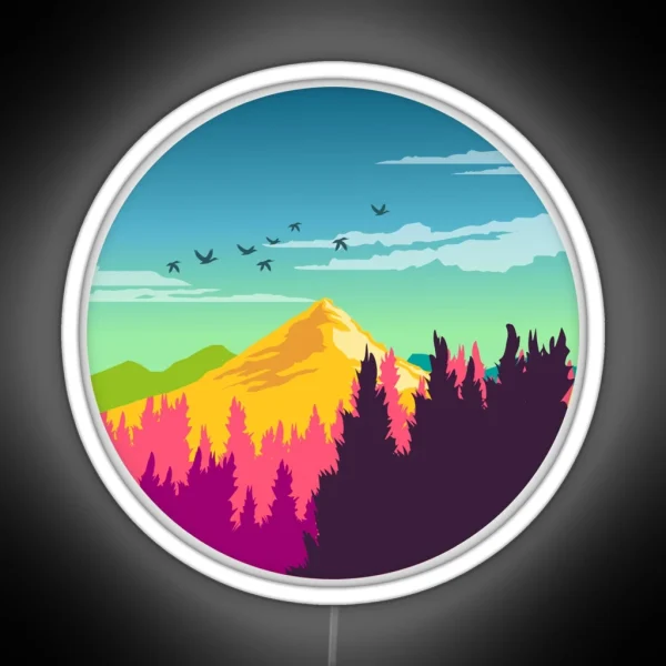 Colorful Nature Landscape Mountain And Forest Scene With Happy Birds RGB Neon Sign