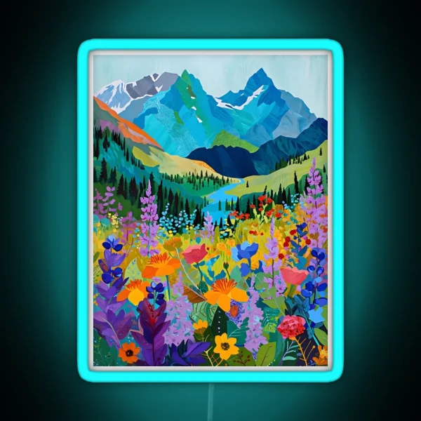 Colorful Wildflowers Near A Beautiful Mountain Landscape RGB Neon Sign