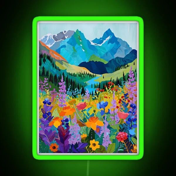 Colorful Wildflowers Near A Beautiful Mountain Landscape RGB Neon Sign