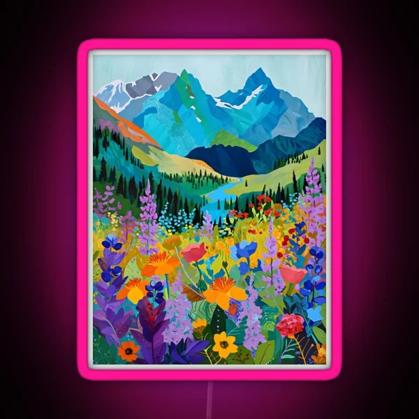Colorful Wildflowers Near A Beautiful Mountain Landscape RGB Neon Sign