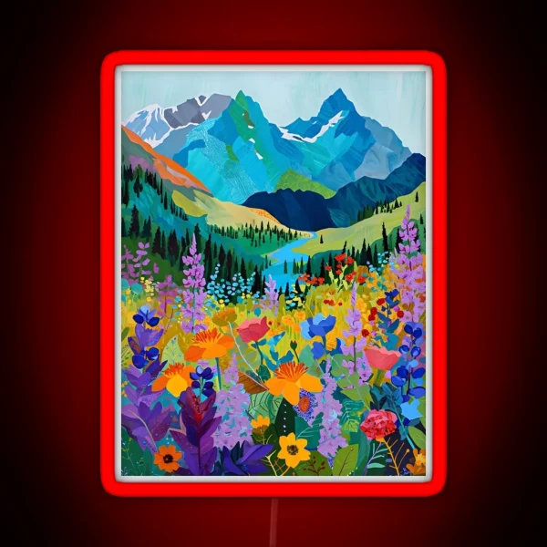 Colorful Wildflowers Near A Beautiful Mountain Landscape RGB Neon Sign