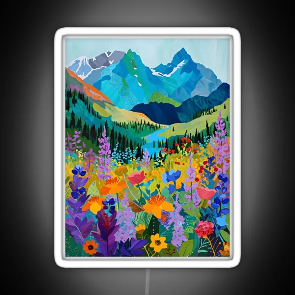 Colorful Wildflowers Near A Beautiful Mountain Landscape RGB Neon Sign