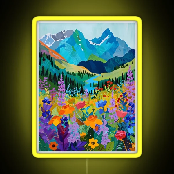 Colorful Wildflowers Near A Beautiful Mountain Landscape RGB Neon Sign
