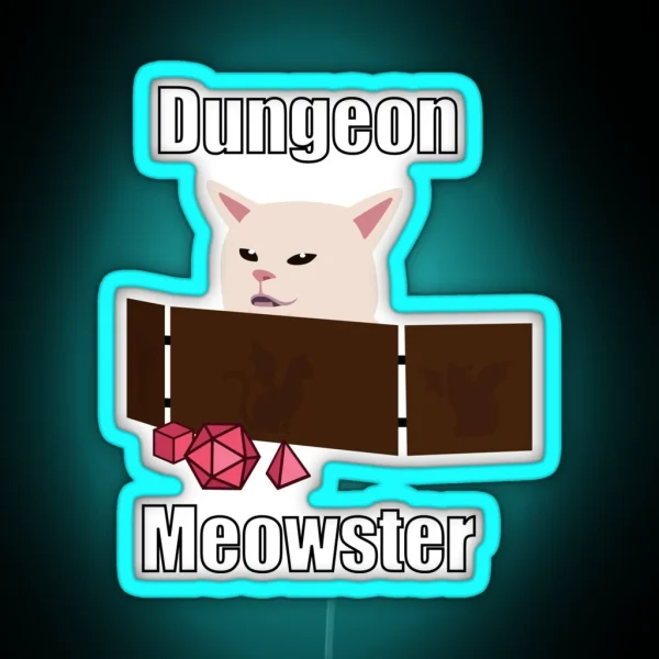 Confused Cat At Dnd Table Dungeon Meowster Cat Meme RGB Neon Sign