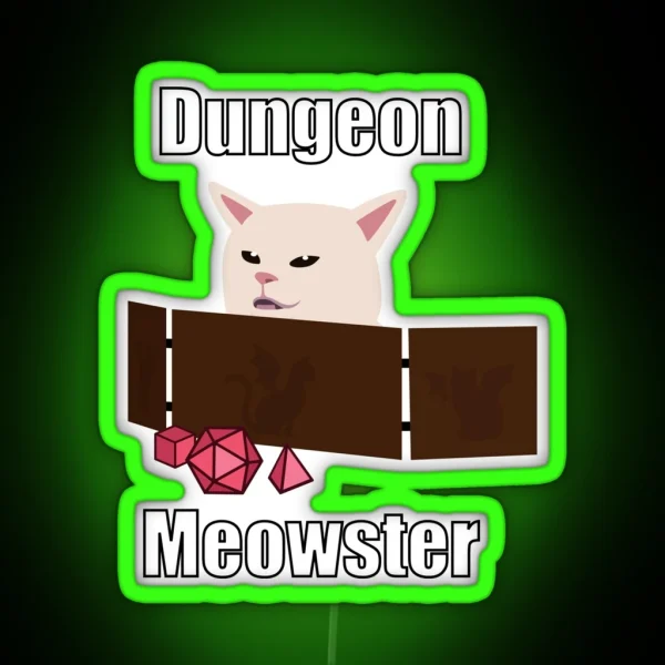 Confused Cat At Dnd Table Dungeon Meowster Cat Meme RGB Neon Sign