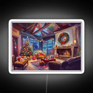 Cozy And Warm Christmas Cabin With Christmas Tree Fireplace And Present Painting RGB Neon Sign