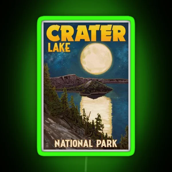 Crater Lake National Park Vintage Travel Decal Night Scene RGB Neon Sign