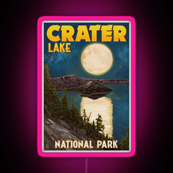 Crater Lake National Park Vintage Travel Decal Night Scene RGB Neon Sign