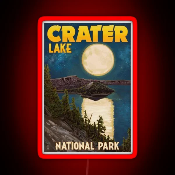 Crater Lake National Park Vintage Travel Decal Night Scene RGB Neon Sign