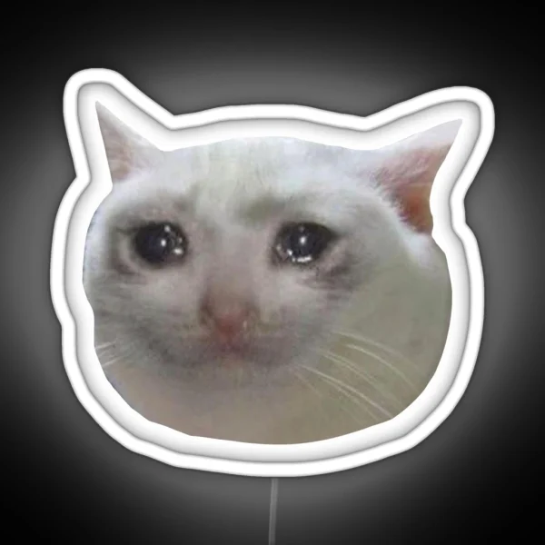 Crying Cat Meme 4 White Outline RGB Neon Sign