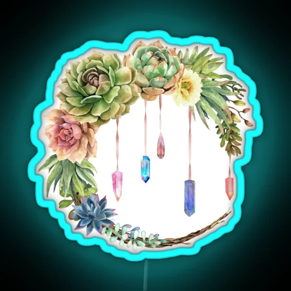 Crystal Crescent Moon With Lovely Succulents RGB Neon Sign