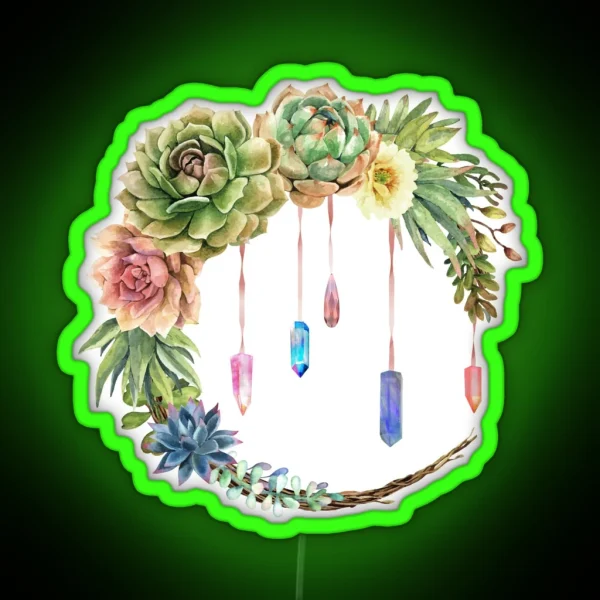 Crystal Crescent Moon With Lovely Succulents RGB Neon Sign