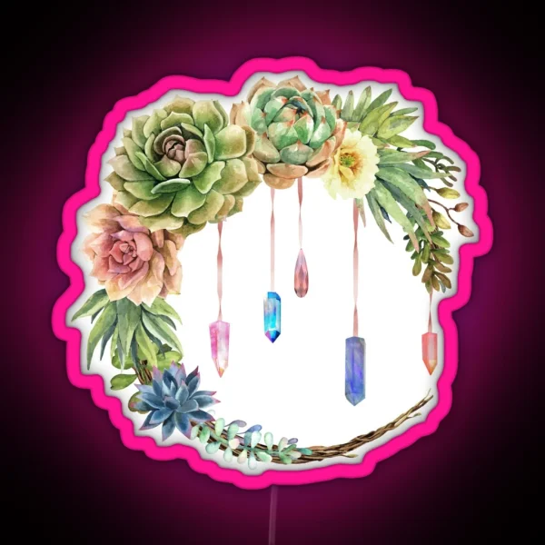 Crystal Crescent Moon With Lovely Succulents RGB Neon Sign