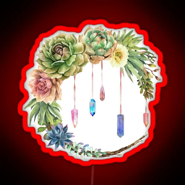 Crystal Crescent Moon With Lovely Succulents RGB Neon Sign
