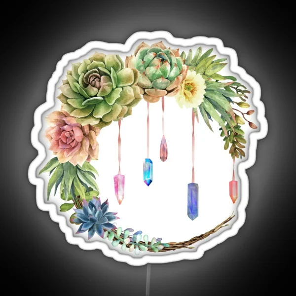 Crystal Crescent Moon With Lovely Succulents RGB Neon Sign