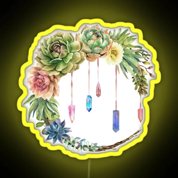 Crystal Crescent Moon With Lovely Succulents RGB Neon Sign