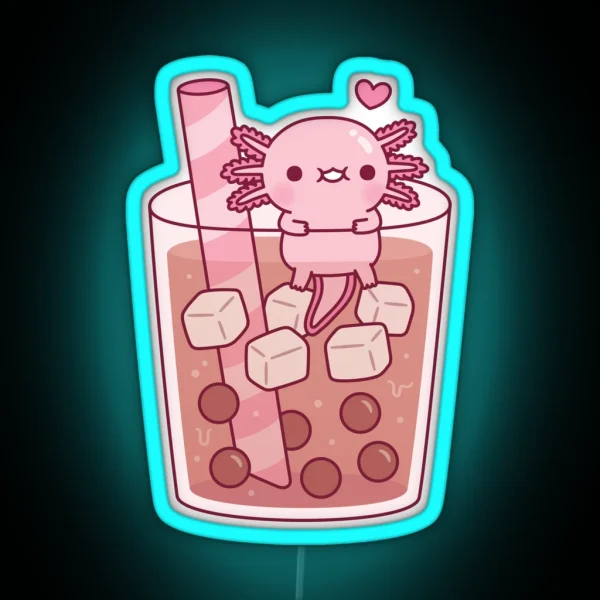 Cute Axolotl Hanging Around In Bubble Tea RGB Neon Sign