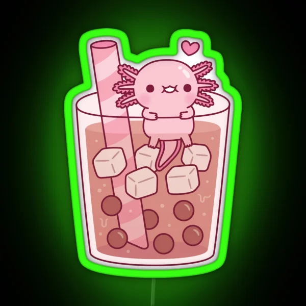 Cute Axolotl Hanging Around In Bubble Tea RGB Neon Sign