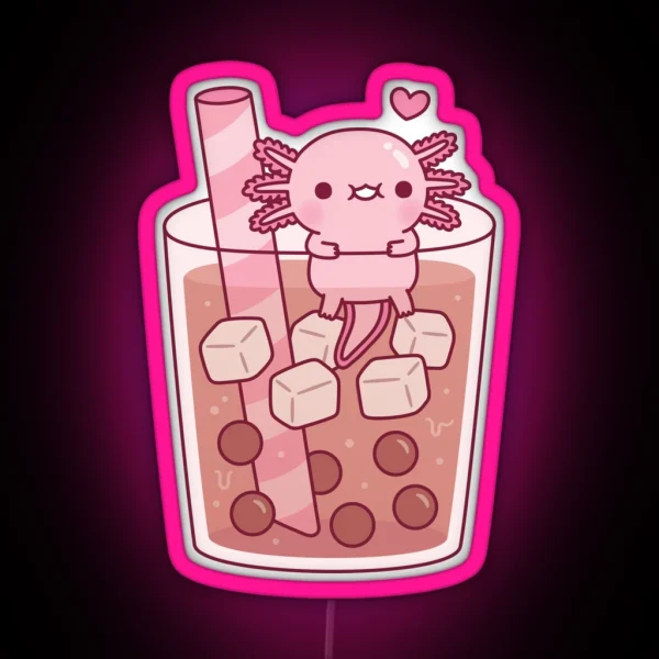 Cute Axolotl Hanging Around In Bubble Tea RGB Neon Sign