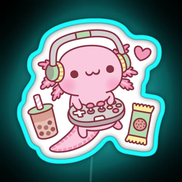 Cute Axolotl Loves Playing Video Games Funny RGB Neon Sign