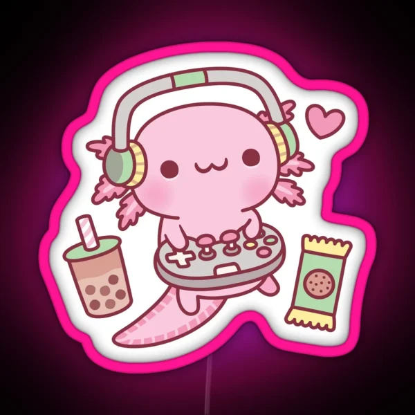 Cute Axolotl Loves Playing Video Games Funny RGB Neon Sign