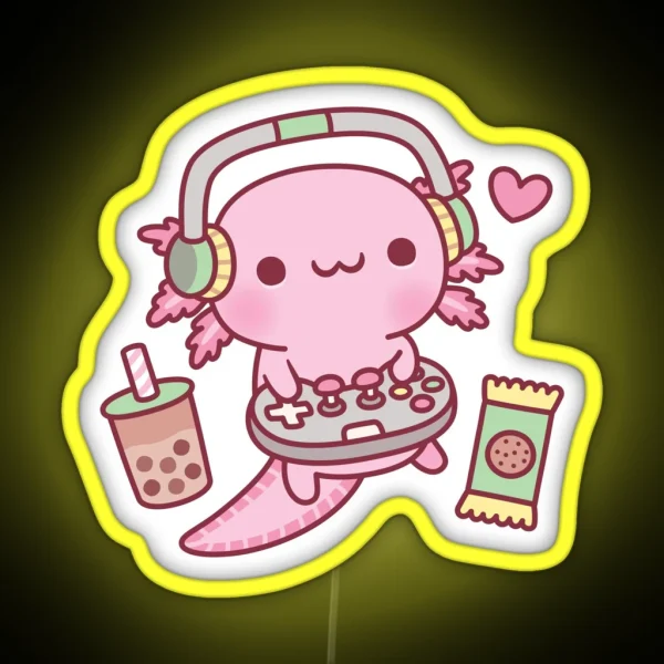 Cute Axolotl Loves Playing Video Games Funny RGB Neon Sign