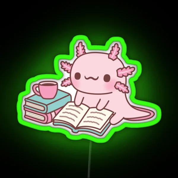 Cute Axolotl Reading A Book With A Cup Of Coffee RGB Neon Sign