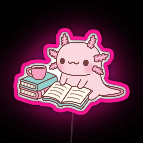 Cute Axolotl Reading A Book With A Cup Of Coffee RGB Neon Sign